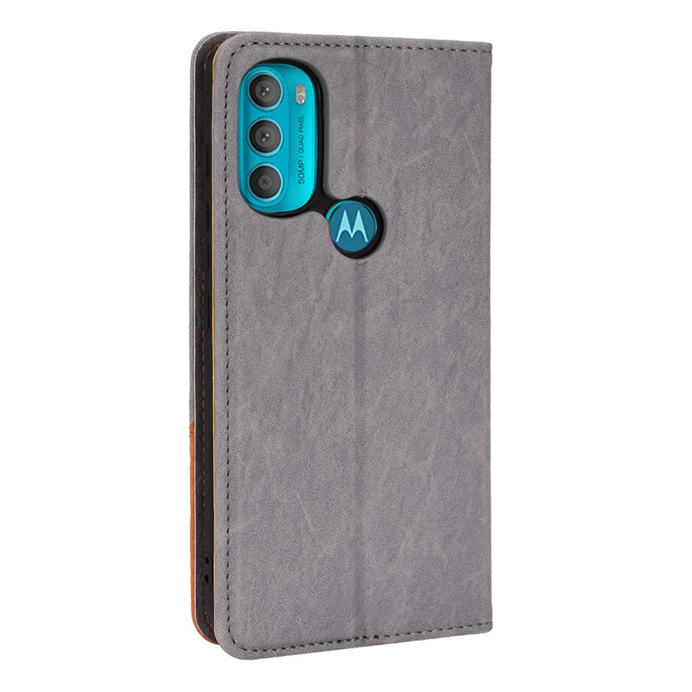 Triangle Color Splicing Wallet Foldable Stand PU Leather Cover TPU Inner Phone Case for Motorola Moto G71 5G - Grey-3