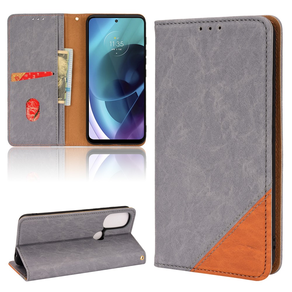 Triangle Color Splicing Wallet Foldable Stand PU Leather Cover TPU Inner Phone Case for Motorola Moto G71 5G - Grey-7