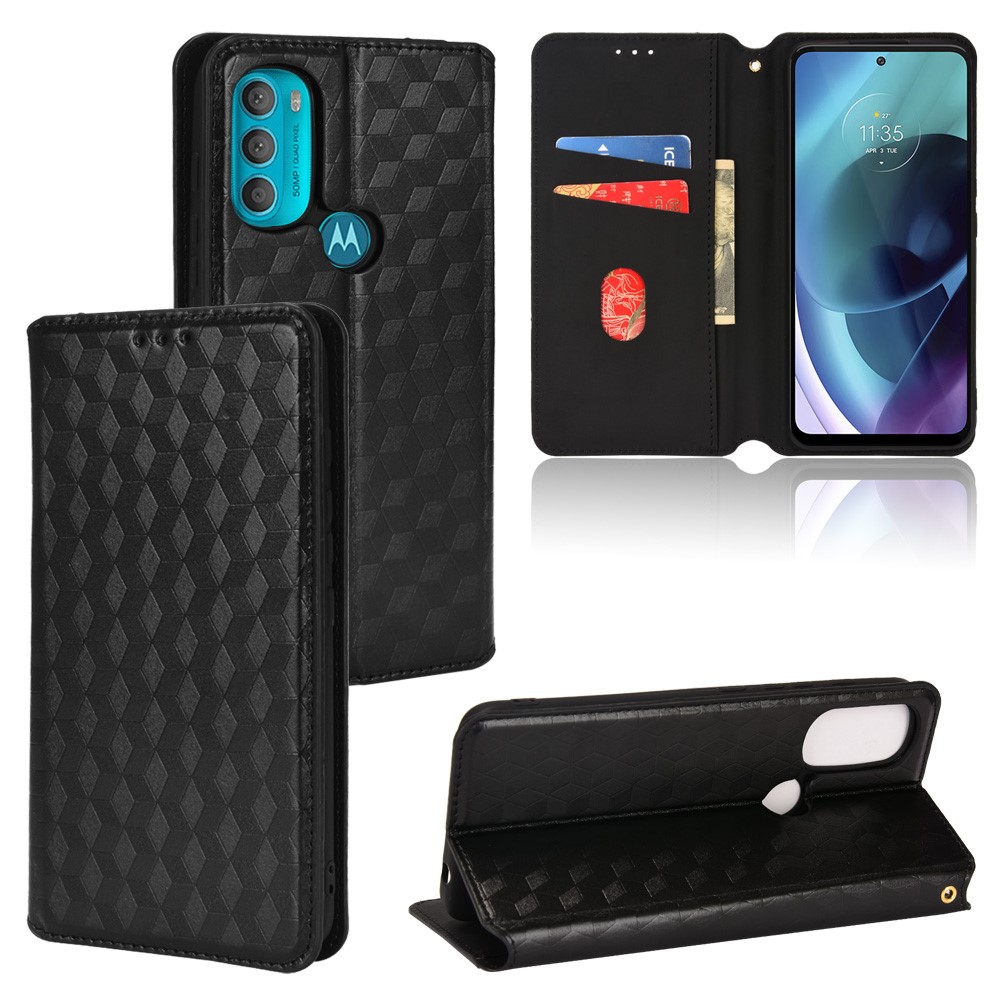 Drop-proof Anti-scratch Magnetic Auto Closing 3D Rhombus Imprinted PU Leather Mobile Phone Case with Stand Wallet for Motorola Moto G71 5G - Black-8