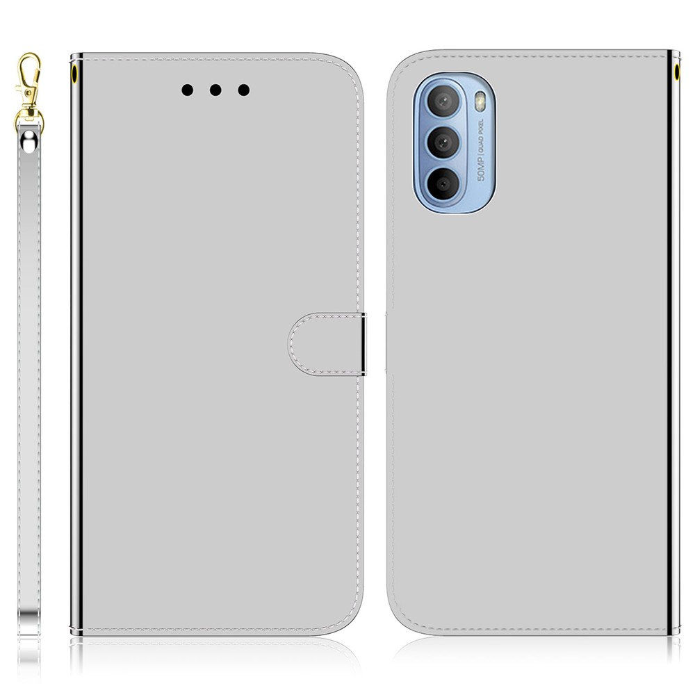 Handy Strap Shockproof Stand Design Mirror-like Surface PU Leather + TPU Phone Case with Wallet for Motorola Moto G31/G41 - Silver-1