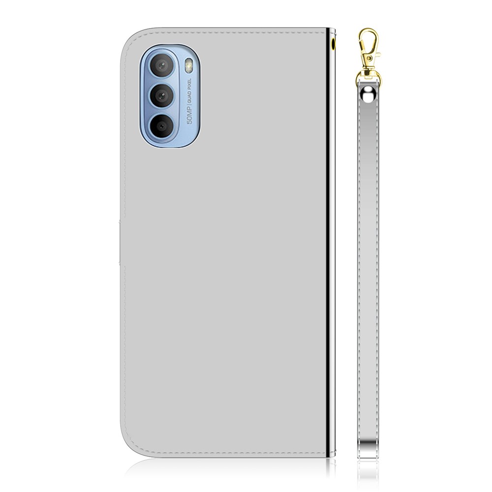 Handy Strap Shockproof Stand Design Mirror-like Surface PU Leather + TPU Phone Case with Wallet for Motorola Moto G31/G41 - Silver-3