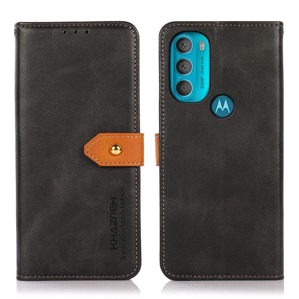 KHAZNEH PU Leather + TPU Golden Magnetic Clasp Phone Cover Drop-proof Wallet Stand Case for Motorola Moto G71 5G - Black-1