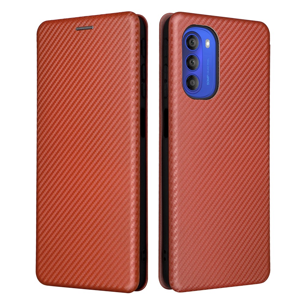 Ring Strap Kickstand Design Carbon Fiber Texture PU Leather Cover Folio Flip Phone Case with Card Slot for Motorola Moto G51 5G - Orange-1