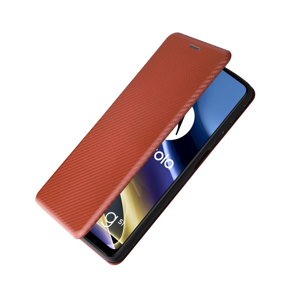 Ring Strap Kickstand Design Carbon Fiber Texture PU Leather Cover Folio Flip Phone Case with Card Slot for Motorola Moto G51 5G - Orange-4