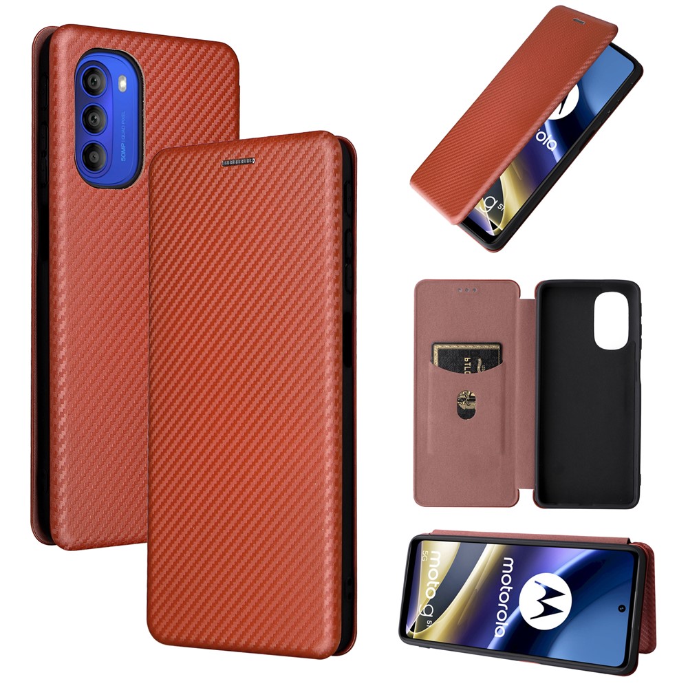 Ring Strap Kickstand Design Carbon Fiber Texture PU Leather Cover Folio Flip Phone Case with Card Slot for Motorola Moto G51 5G - Orange-5