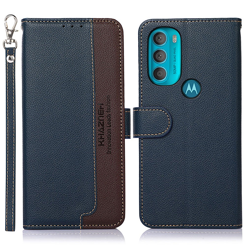 KHAZNEH PU Leather Phone Case RFID Blocking Litchi Texture Wallet Phone Stand Cover with Carrying Strap for Motorola Moto G71 5G - Blue-1