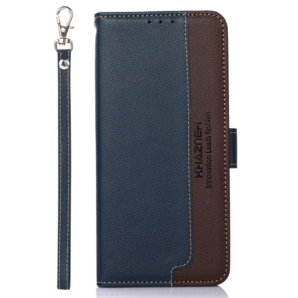 KHAZNEH PU Leather Phone Case RFID Blocking Litchi Texture Wallet Phone Stand Cover with Carrying Strap for Motorola Moto G71 5G - Blue-2