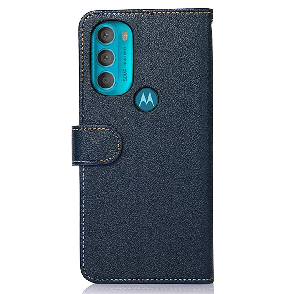 KHAZNEH PU Leather Phone Case RFID Blocking Litchi Texture Wallet Phone Stand Cover with Carrying Strap for Motorola Moto G71 5G - Blue-3