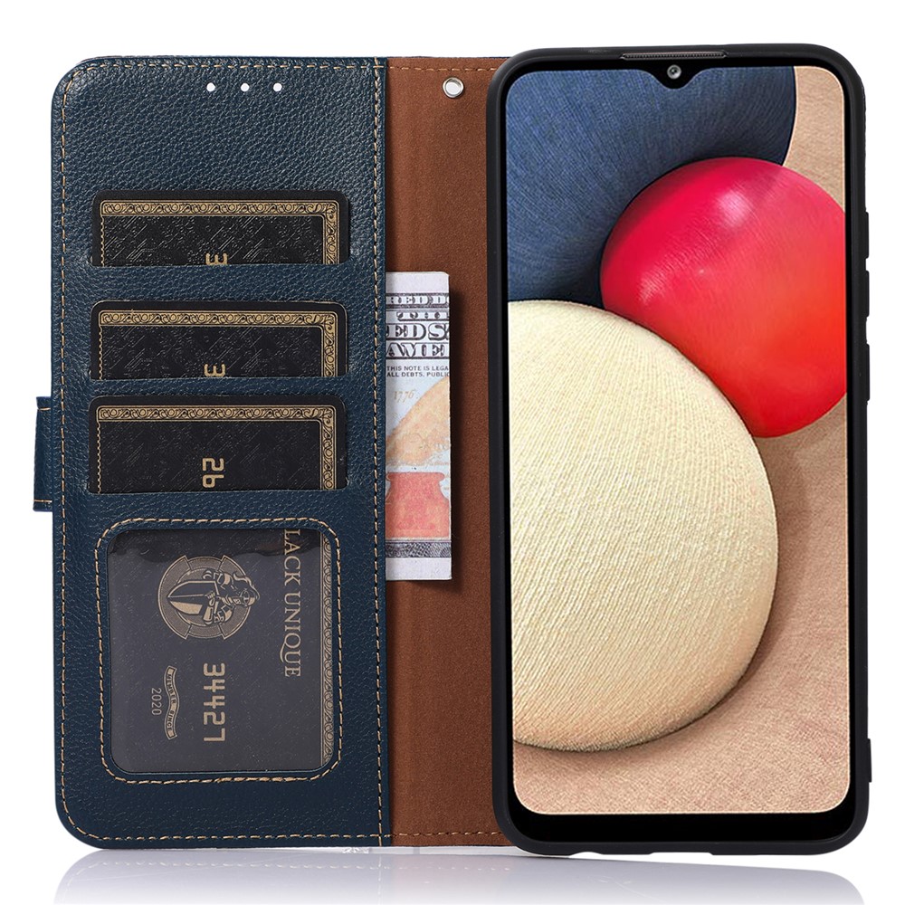 KHAZNEH PU Leather Phone Case RFID Blocking Litchi Texture Wallet Phone Stand Cover with Carrying Strap for Motorola Moto G71 5G - Blue-6