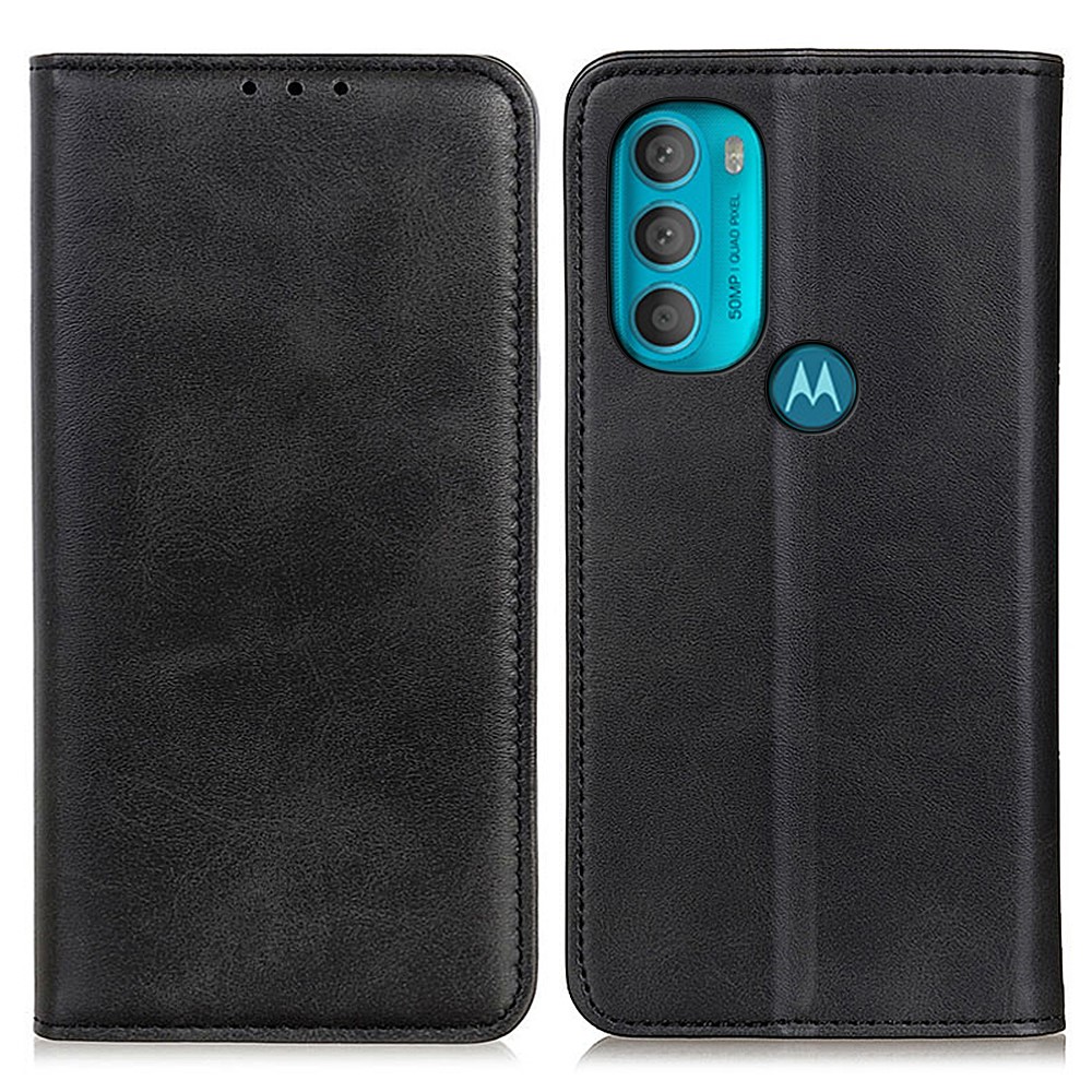 Fall Prevention Magnetic Auto-absorbed Split Leather + TPU Wallet Stand Phone Case for Motorola Moto G71 5G - Black-1
