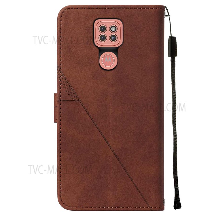 PB2 Series Imprinting Lines Foldable Stand Leather Case Anti-drop Wallet Phone Cover with Strap for Motorola Moto G9 (India)/G9 Play/E7 Plus - Brown-3