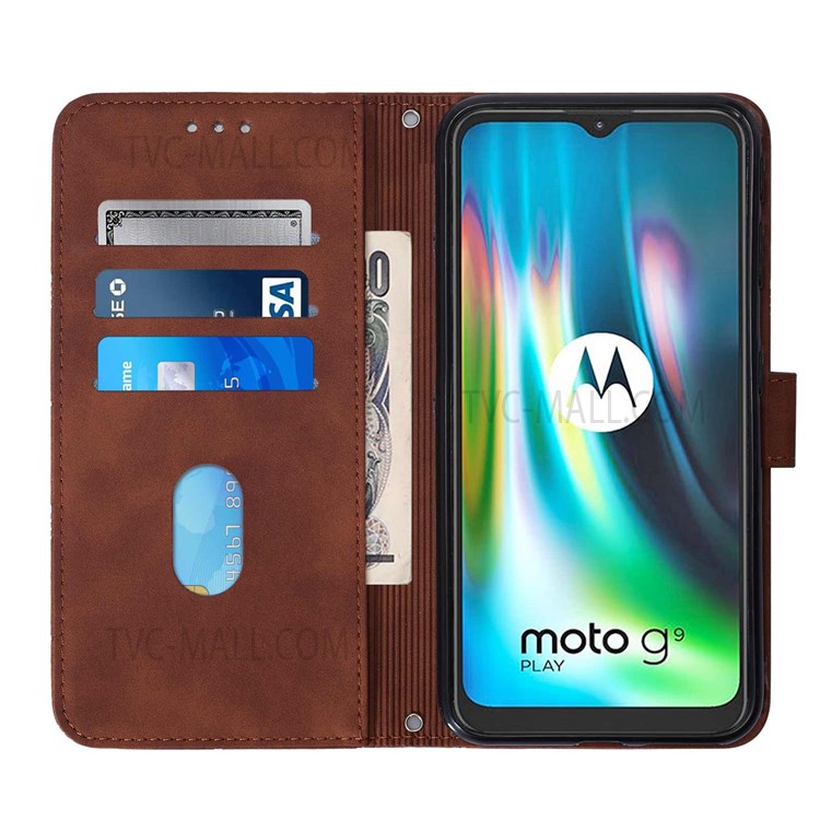 PB2 Series Imprinting Lines Foldable Stand Leather Case Anti-drop Wallet Phone Cover with Strap for Motorola Moto G9 (India)/G9 Play/E7 Plus - Brown-4