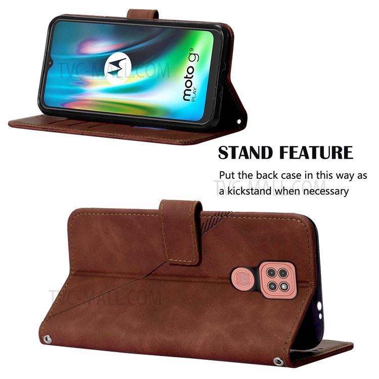PB2 Series Imprinting Lines Foldable Stand Leather Case Anti-drop Wallet Phone Cover with Strap for Motorola Moto G9 (India)/G9 Play/E7 Plus - Brown-5