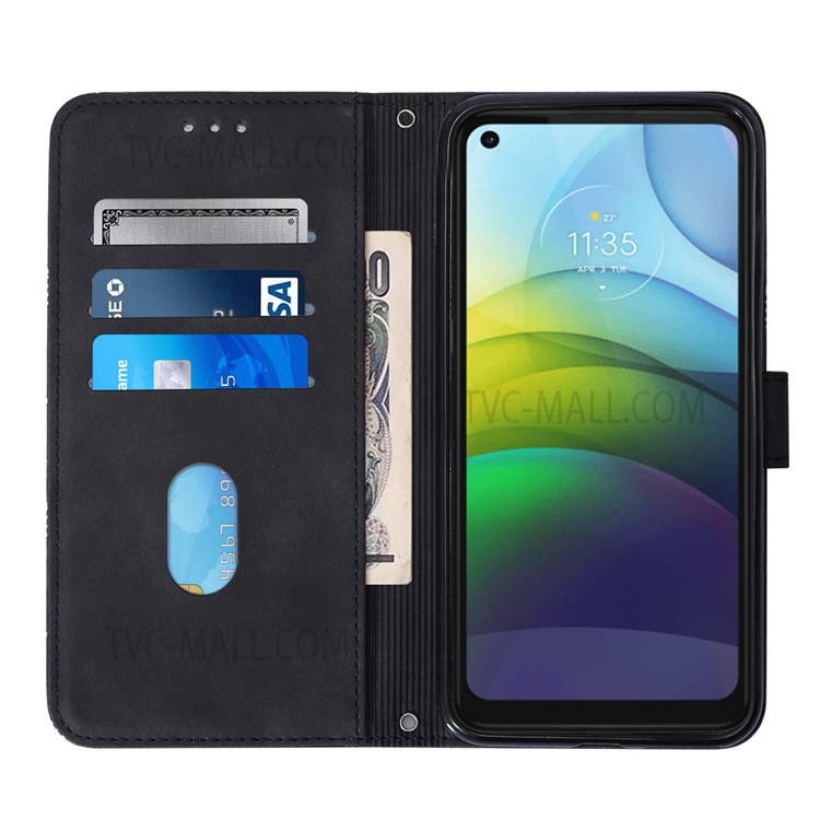 PB2 Series Imprinting Lines Stand Wallet Full Cover Leather Case Phone Shell with Strap for Motorola Moto G9 Power - Black-4