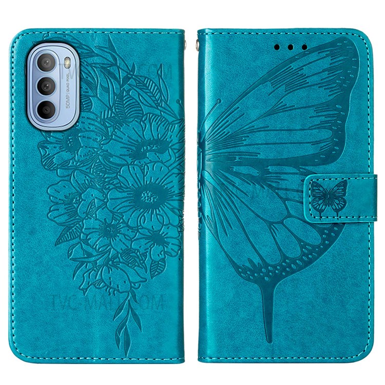 PB1 Series Imprinting Butterfly Flower Wallet Stand Full Protection Leather Case Phone Cover for Motorola Moto G31/G41 - Blue-1