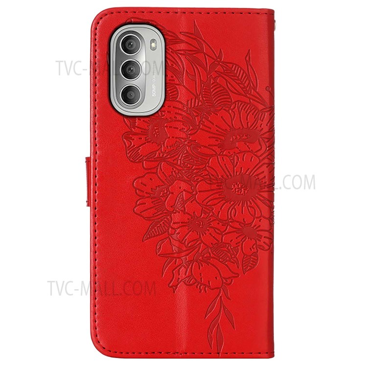 PB1 Series Imprinting Butterfly Flower Folio Flip PU Leather Stand Case Wallet Phone Cover for Motorola Moto G51 5G - Red-3
