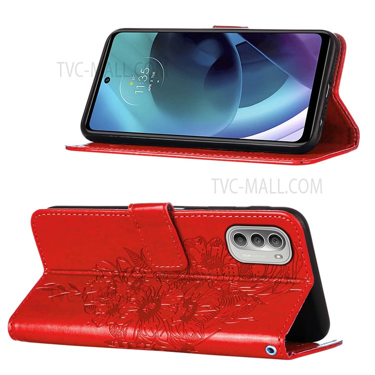 PB1 Series Imprinting Butterfly Flower Folio Flip PU Leather Stand Case Wallet Phone Cover for Motorola Moto G51 5G - Red-4