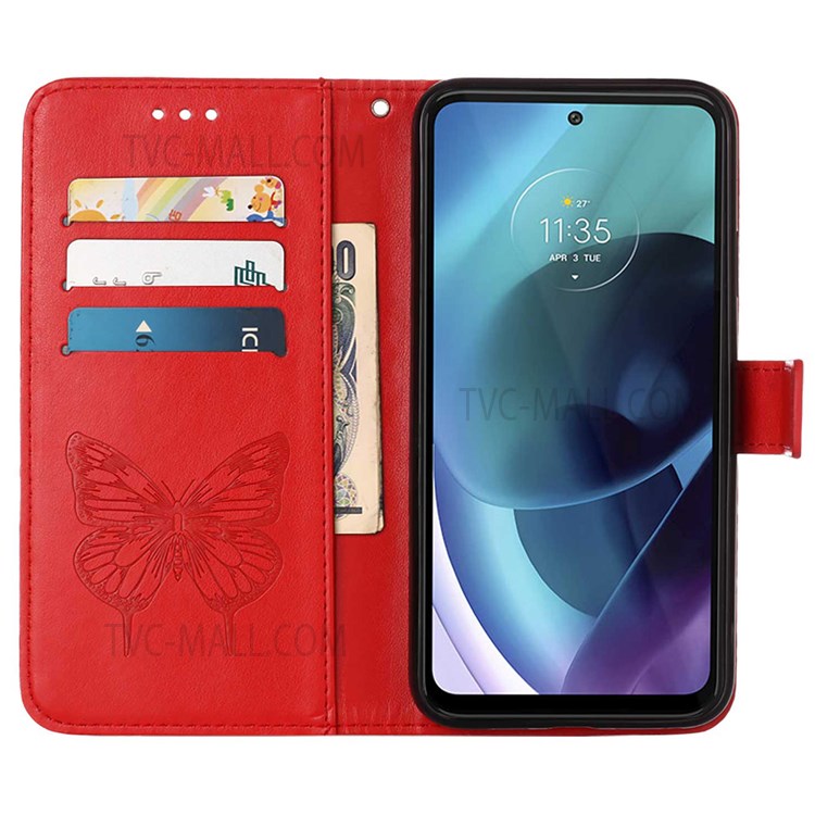 PB1 Series Imprinting Butterfly Flower Folio Flip PU Leather Stand Case Wallet Phone Cover for Motorola Moto G51 5G - Red-5