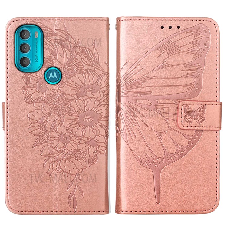 PB1 Series Imprinting Butterfly Flower PU Leather Magnetic Clasp Stand Phone Case Shell with Wallet for Motorola Moto G71 5G - Rose Gold-1