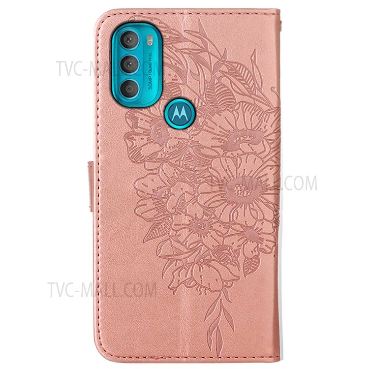 PB1 Series Imprinting Butterfly Flower PU Leather Magnetic Clasp Stand Phone Case Shell with Wallet for Motorola Moto G71 5G - Rose Gold-3