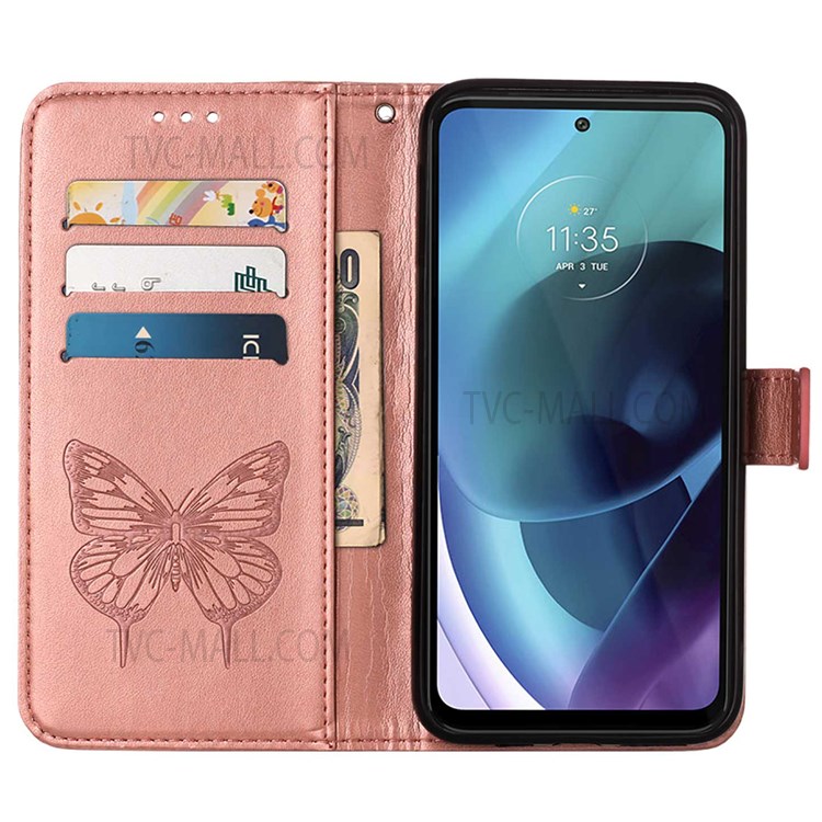 PB1 Series Imprinting Butterfly Flower PU Leather Magnetic Clasp Stand Phone Case Shell with Wallet for Motorola Moto G71 5G - Rose Gold-5