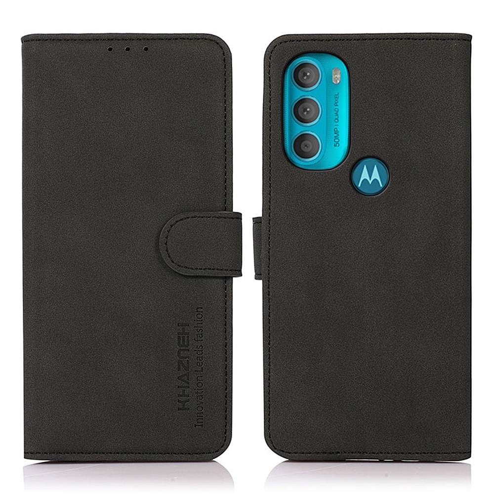 KHAZNEH Textured Surface Foldable Viewing Stand Wallet PU Leather + TPU Phone Case for Motorola Moto G71 5G - Black-1