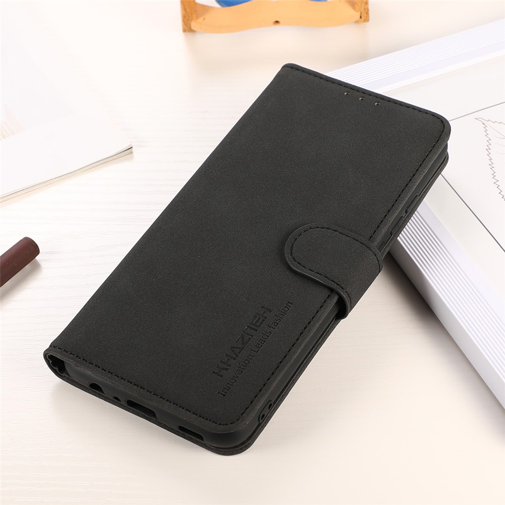 KHAZNEH Textured Surface Foldable Viewing Stand Wallet PU Leather + TPU Phone Case for Motorola Moto G71 5G - Black-6