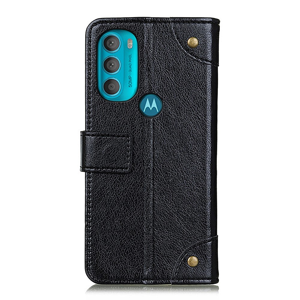 Brass Button Decor Nappa Texture All-inclusive Protection PU Leather Phone Case Shell with Wallet Stand for Motorola Moto G71 5G - Black-3