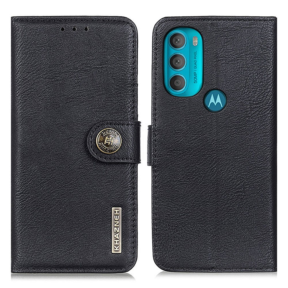 KHAZNEH Textured PU Leather Magnetic Clasp Shockproof Phone Case Cover with Stand Wallet for Motorola Moto G71 5G - Black-1