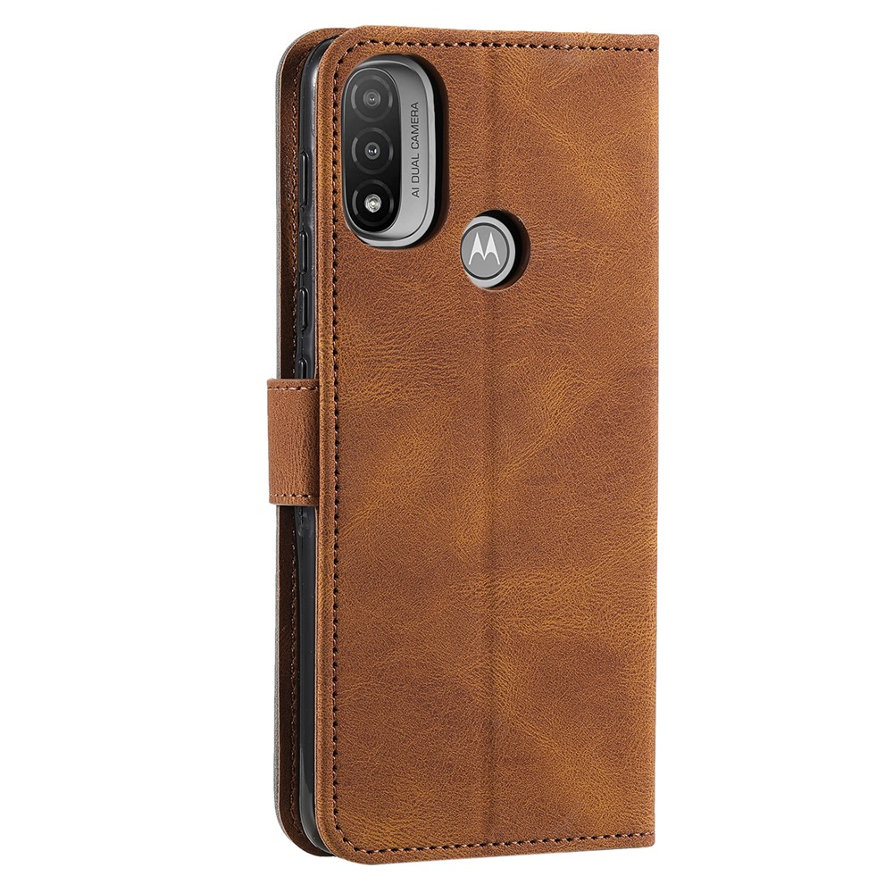 Stitching Surface Splicing Style PU Leather and TPU Phone Flip Case Skin-touch Stand Wallet Phone Protective Cover for Motorola Moto E20/E30/E40 - Brown-3