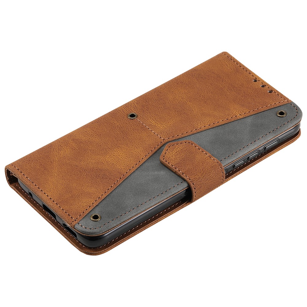 Stitching Surface Splicing Style PU Leather and TPU Phone Flip Case Skin-touch Stand Wallet Phone Protective Cover for Motorola Moto E20/E30/E40 - Brown-6