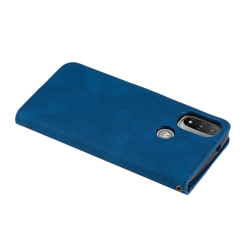 002 Series Splicing PU Leather Smartphone Cover Skin-touch Feeling Auto-absorbed Phone Case Shell with Wallet Stand for Motorola Moto E20/E40/E30 - Blue-7