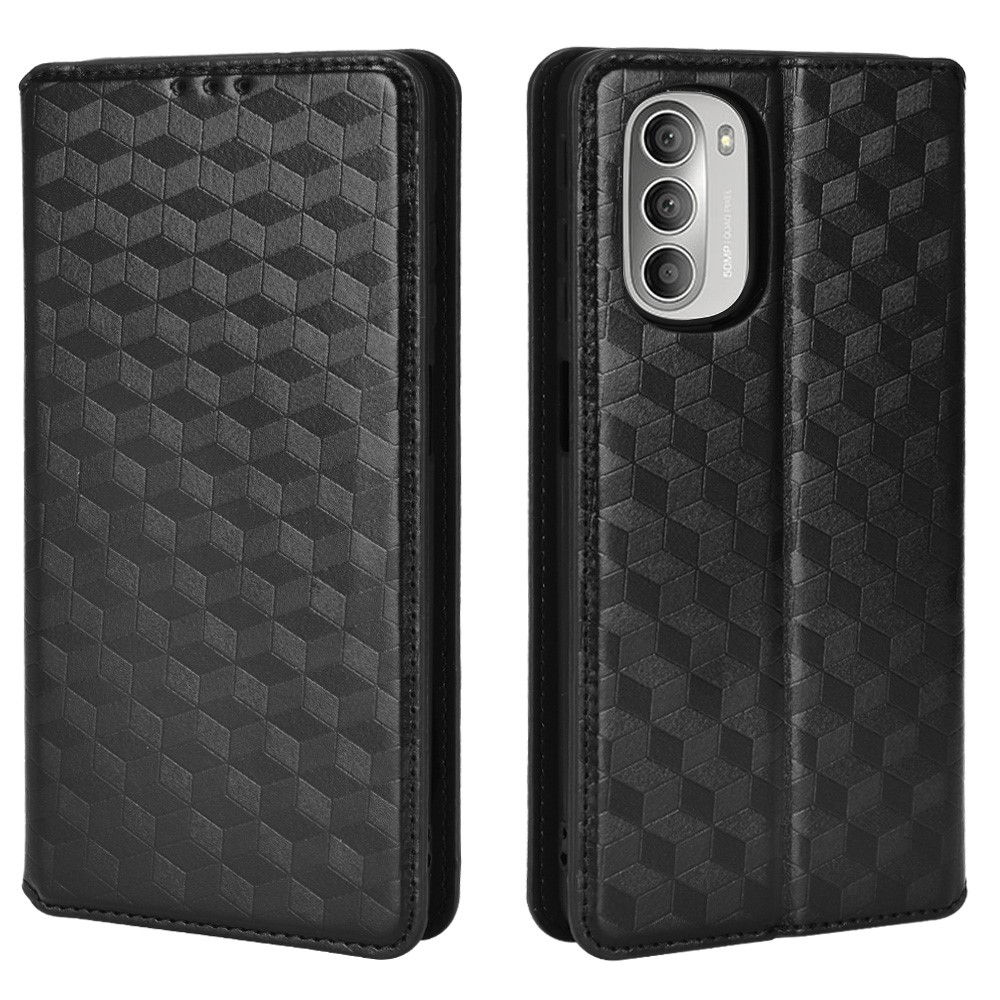 PU Leather + TPU Rhombus Pattern Imprinted Cell Phone Case Protective Cover with Stand Wallet for Motorola Moto G51 5G - Black-1