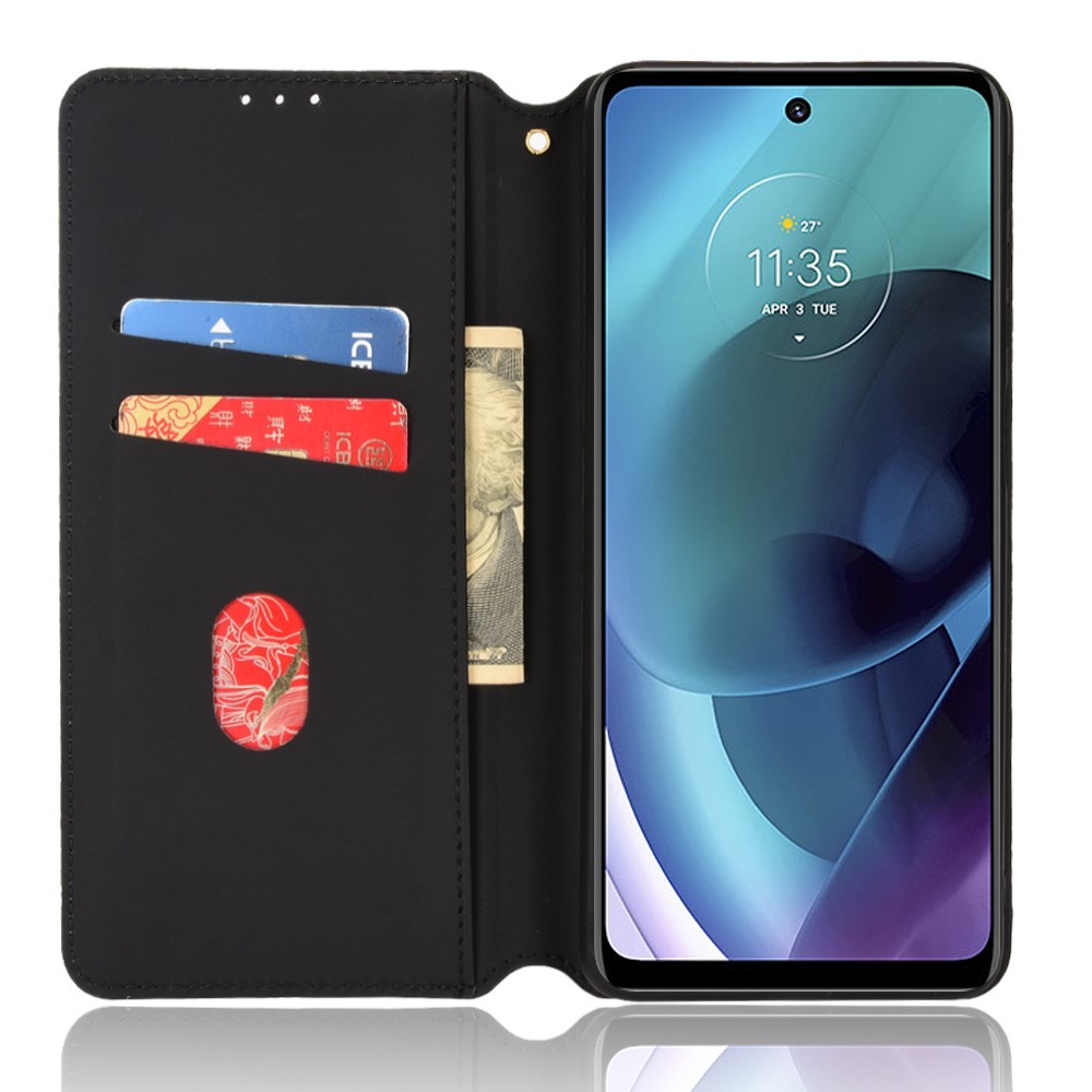 PU Leather + TPU Rhombus Pattern Imprinted Cell Phone Case Protective Cover with Stand Wallet for Motorola Moto G51 5G - Black-4