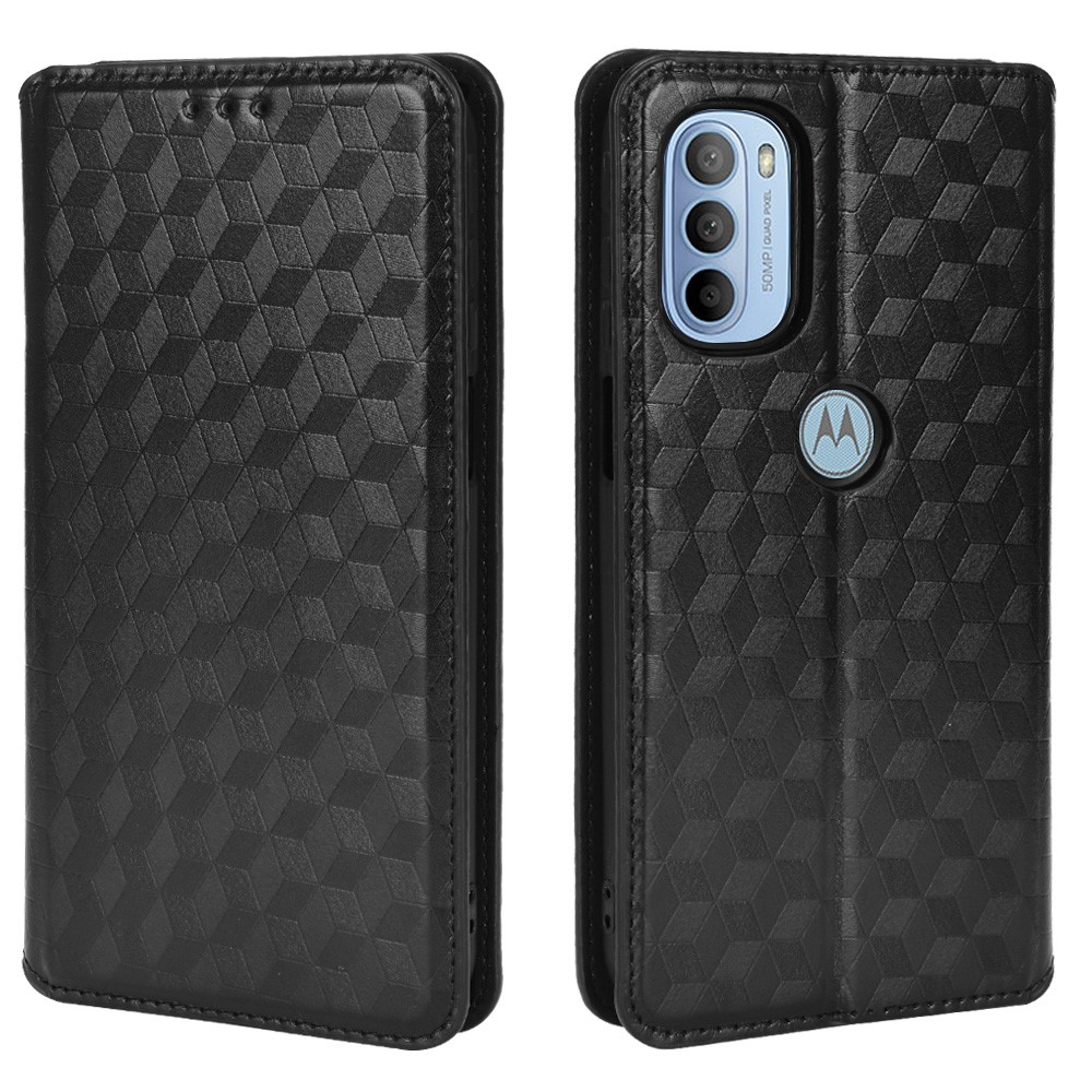 3D Rhombus Pattern Imprinted Cell Phone Case PU Leather + TPU Protective Cover with Stand Wallet for Motorola Moto G31/G41- Black-1