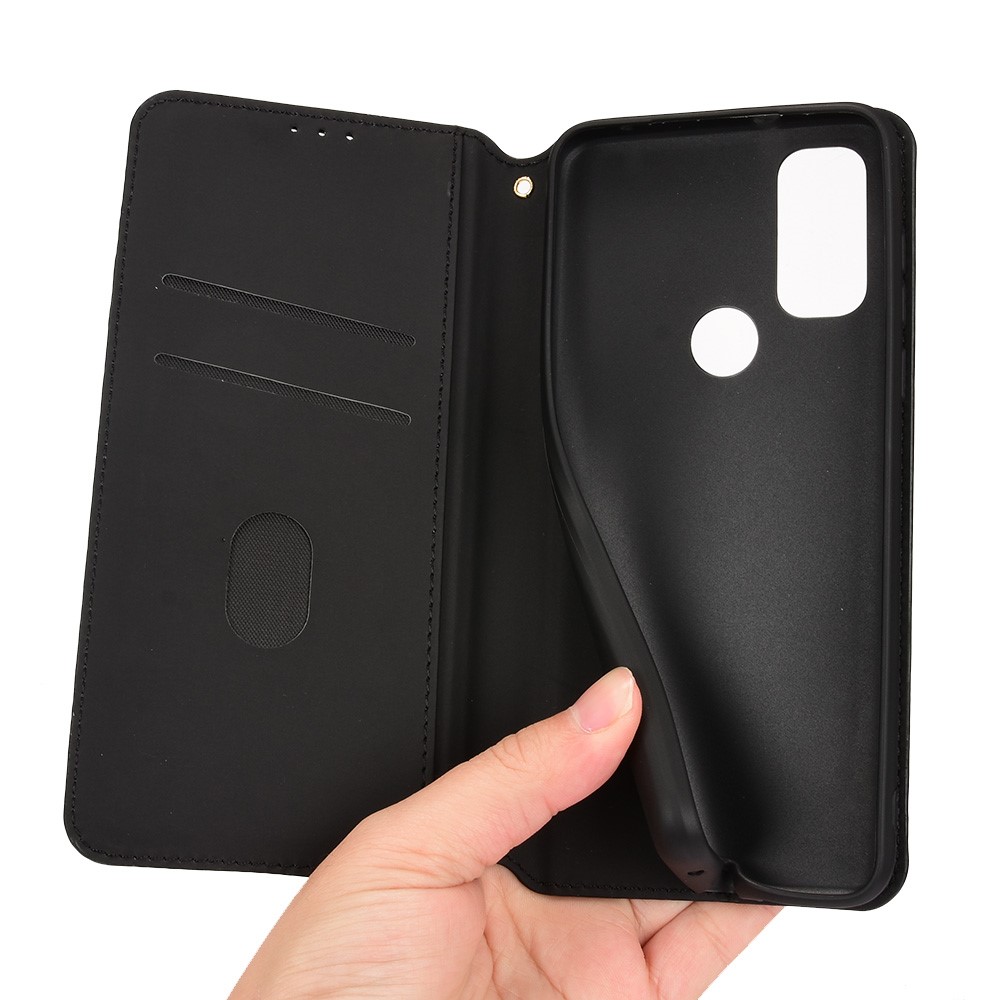 Cell Phone Case Rhombus Pattern Imprinted PU Leather + TPU Protective Cover with Stand Wallet for Motorola G Pure - Black-9