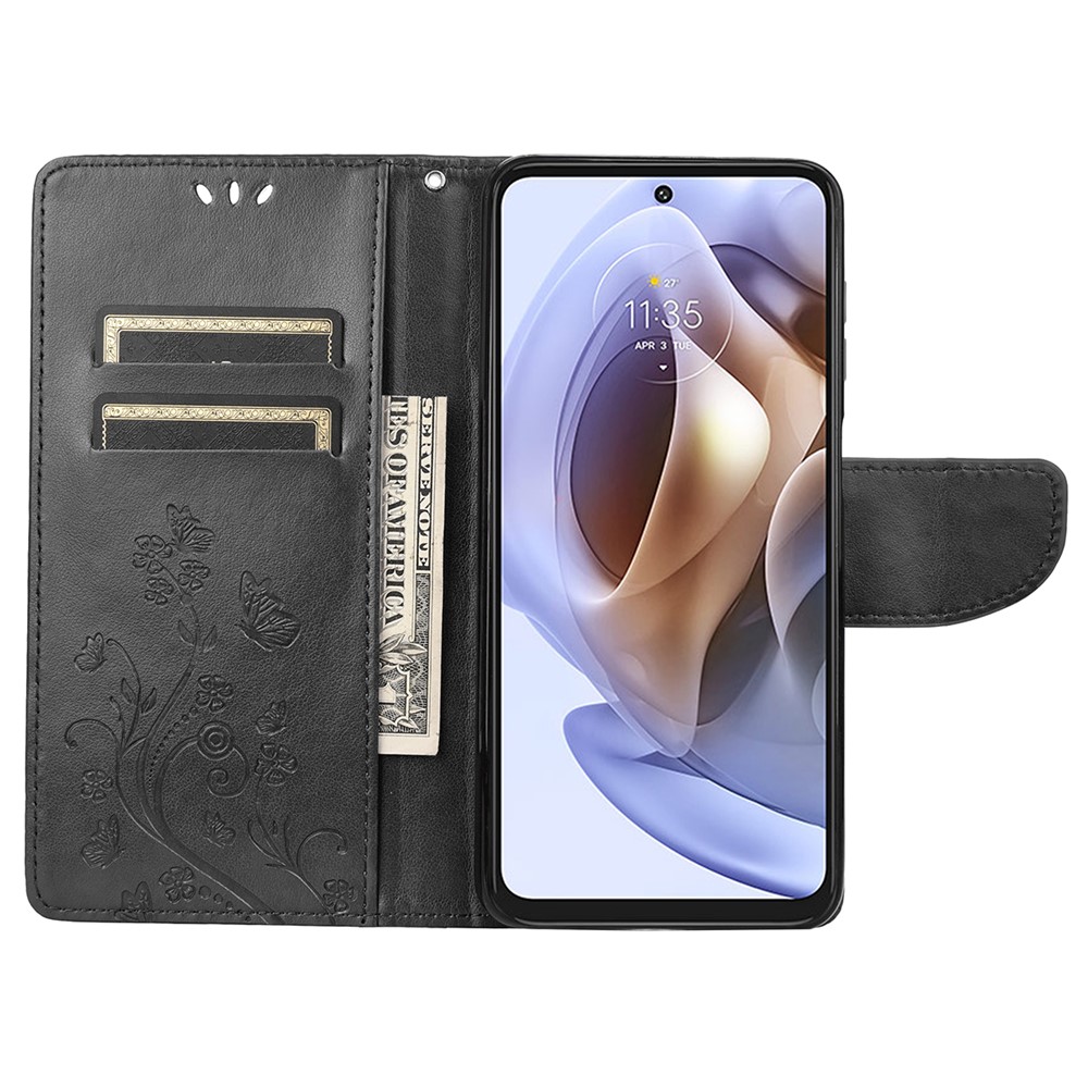 Cell Phone Case Stylish Imprint Butterflies Leather Phone Covering Practical Wallet Stand Shell for Motorola Moto G51 5G - Black-4