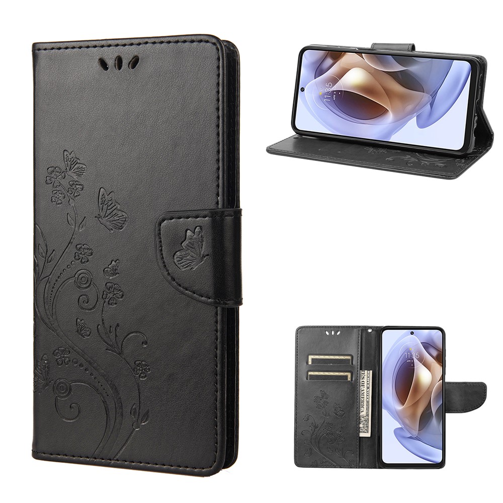 Cell Phone Case Stylish Imprint Butterflies Leather Phone Covering Practical Wallet Stand Shell for Motorola Moto G51 5G - Black-7