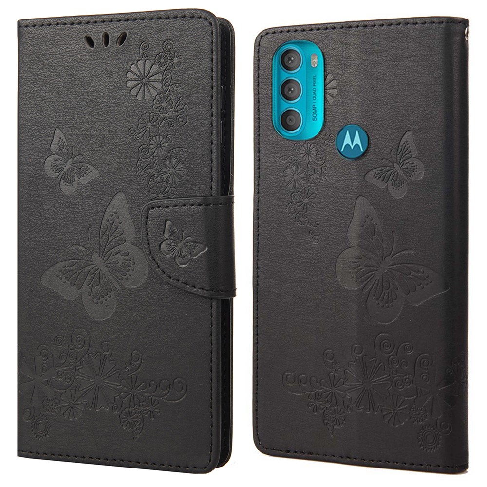 For Motorola Moto G71 5G Imprinted Big Butterflies Leather Mobile Phone Case Wallet Stand Phone Case Phone Shell - Black-1