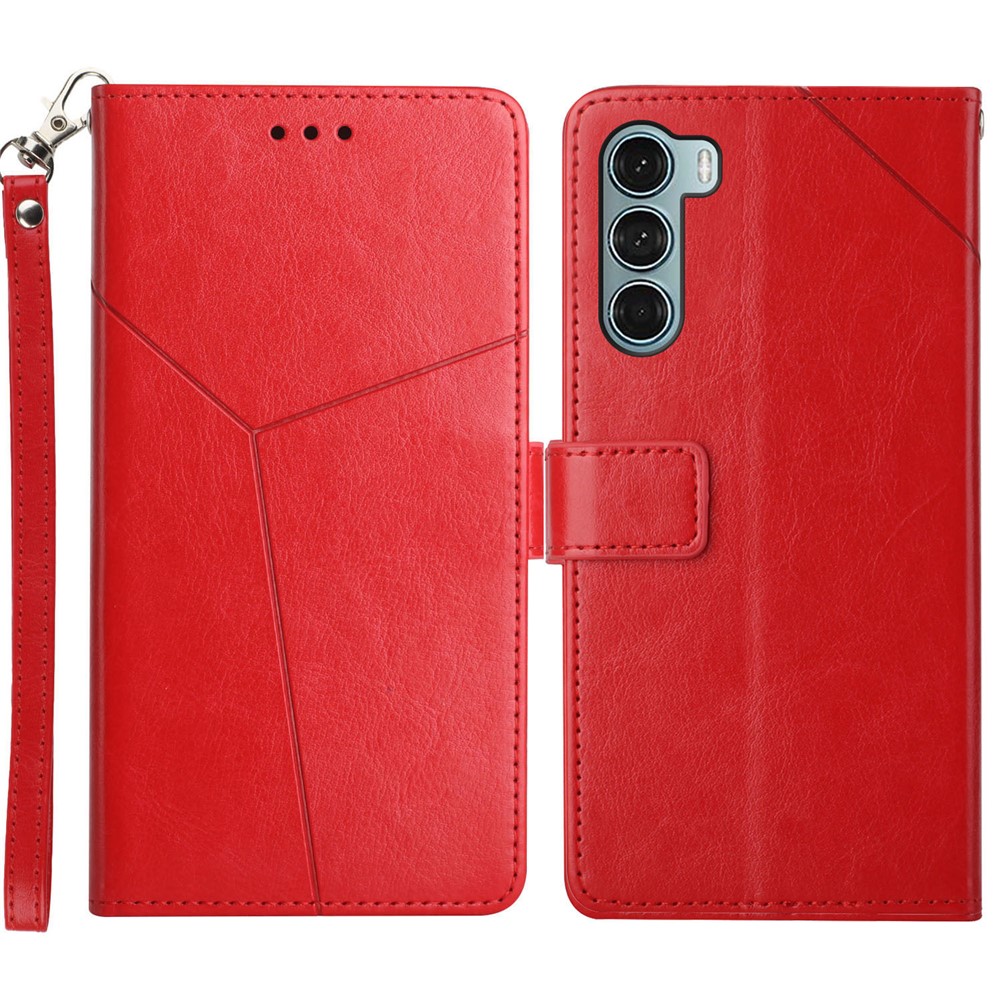 Drop Prevention PU Leather + Soft TPU Inner Shell Y-Shaped Lines Imprinting Wallet Stand Phone Cover for Motorola Moto G200 5G - Red-1