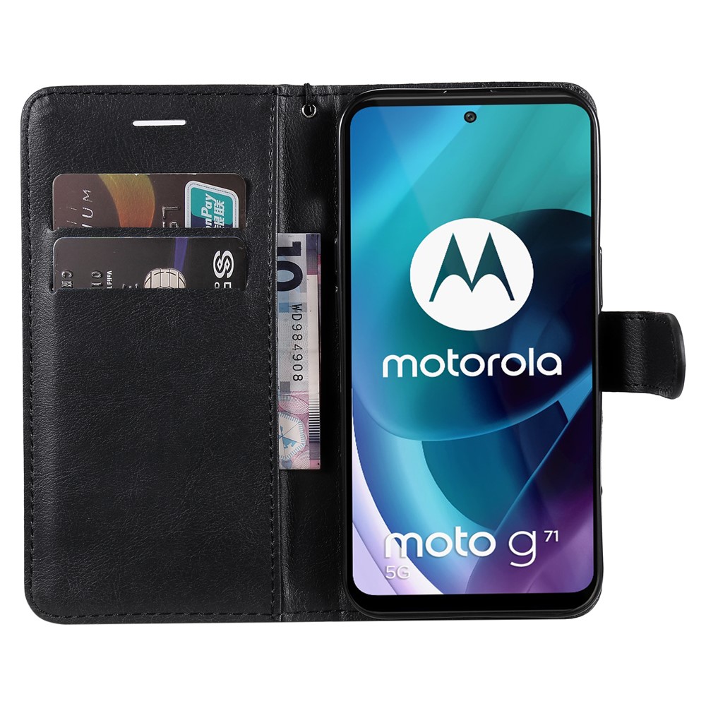 Solid Color Phone Case PU Leather + TPU Stand Wallet Protective Cover for Motorola Moto G71 5G - Black-4