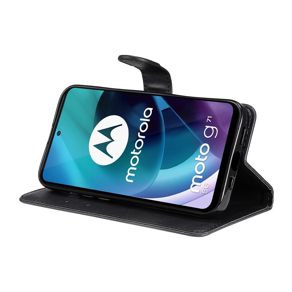 Solid Color Phone Case PU Leather + TPU Stand Wallet Protective Cover for Motorola Moto G71 5G - Black-5