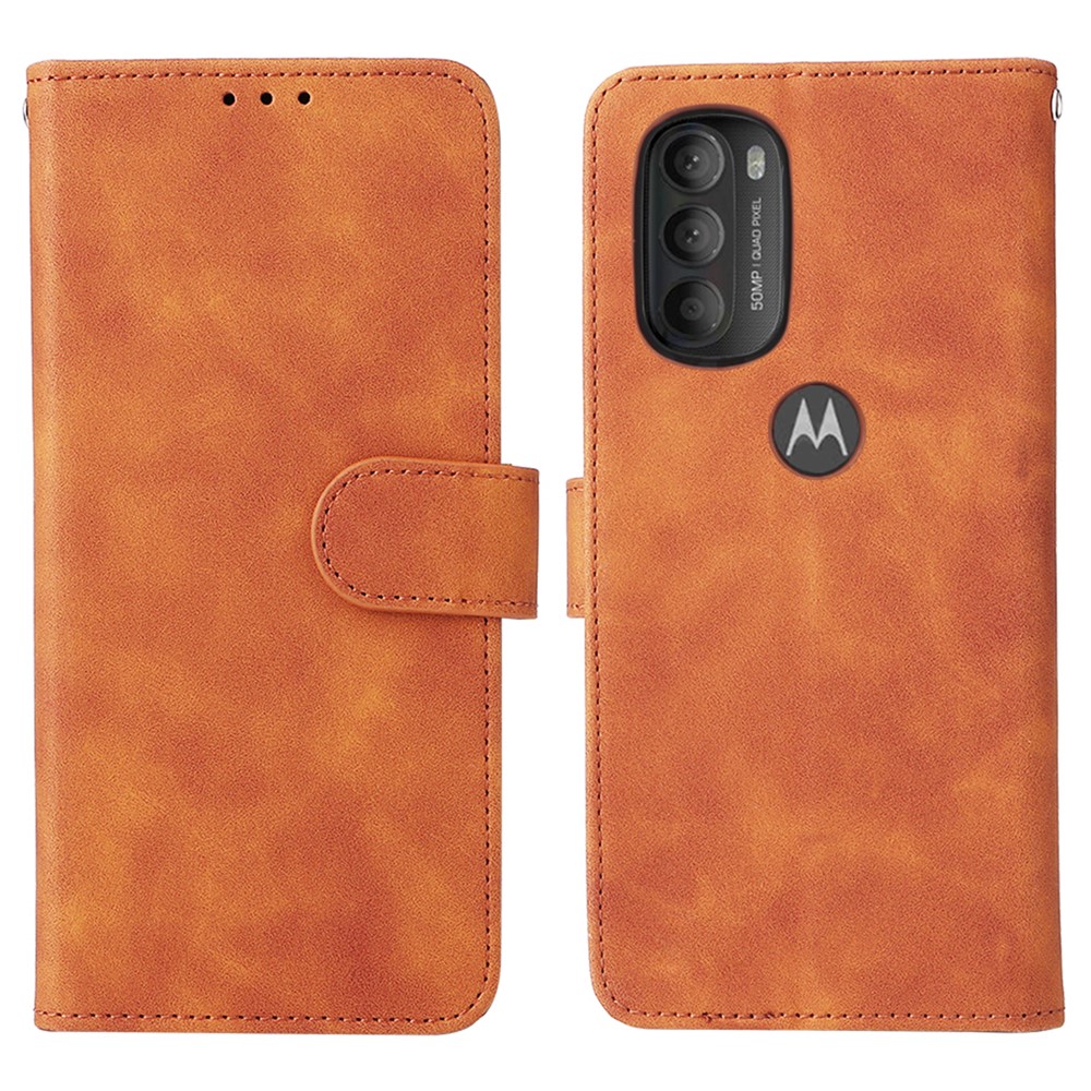 Skin-touch Feeling PU Leather Wallet Case Stand Function Shockproof Soft TPU Phone Cover for Motorola Moto G71 5G - Brown-1