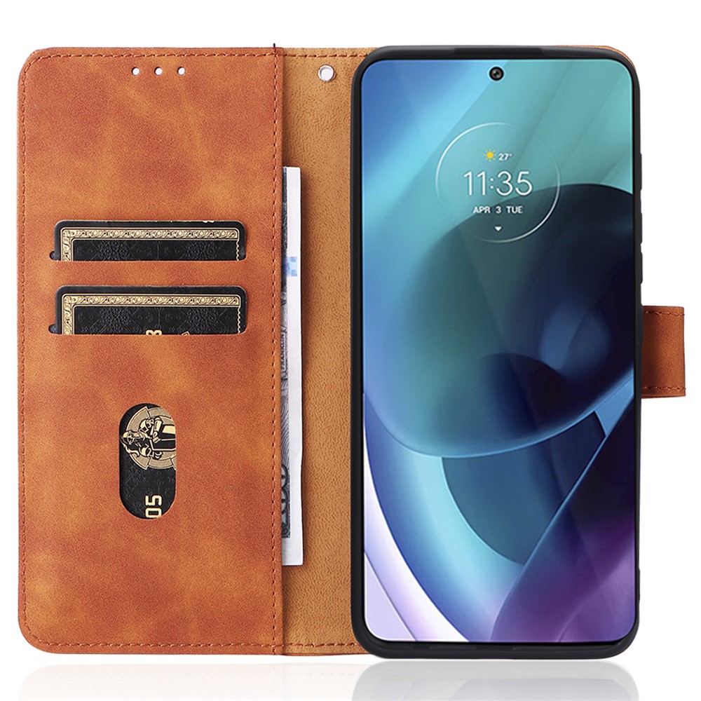 Skin-touch Feeling PU Leather Wallet Case Stand Function Shockproof Soft TPU Phone Cover for Motorola Moto G71 5G - Brown-5