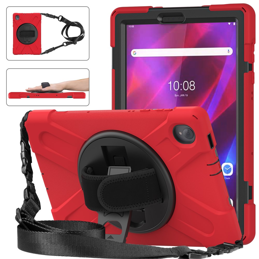For Lenovo Tab K10/M10 Plus Shockproof 360-Degree Swivel Kickstand PC+Silicone Hybrid Case Tablet Cover Case with Hand Band + Shoulder Strap - Red-1