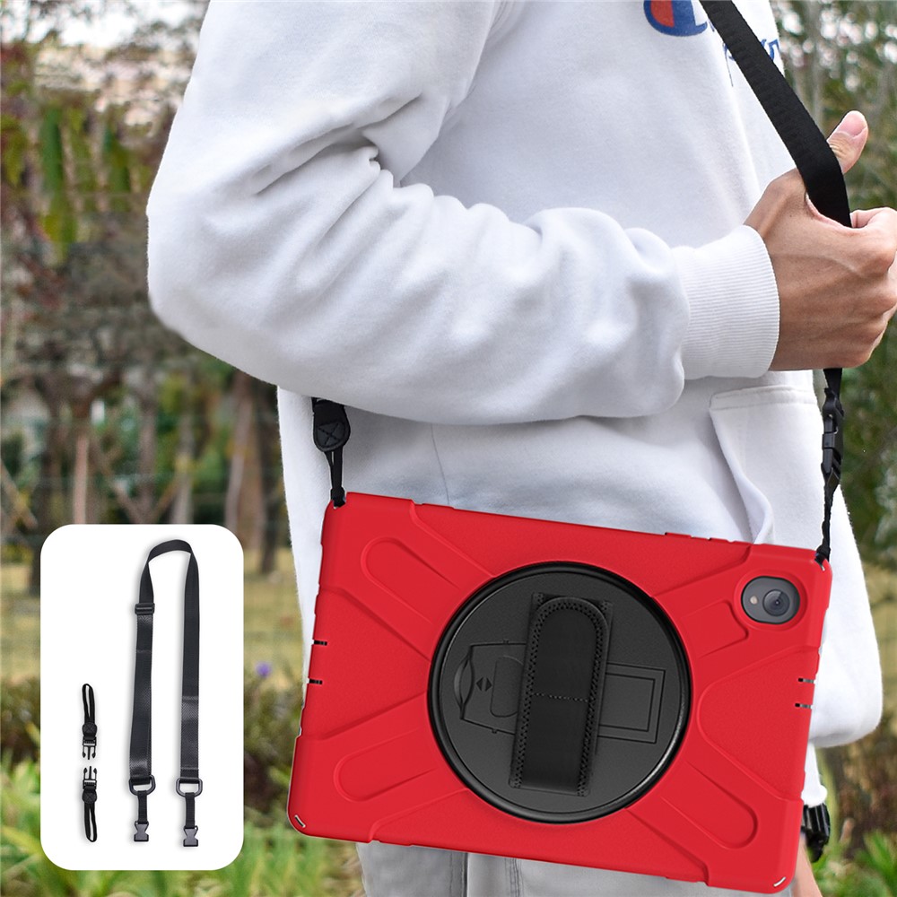 For Lenovo Tab K10/M10 Plus Shockproof 360-Degree Swivel Kickstand PC+Silicone Hybrid Case Tablet Cover Case with Hand Band + Shoulder Strap - Red-5