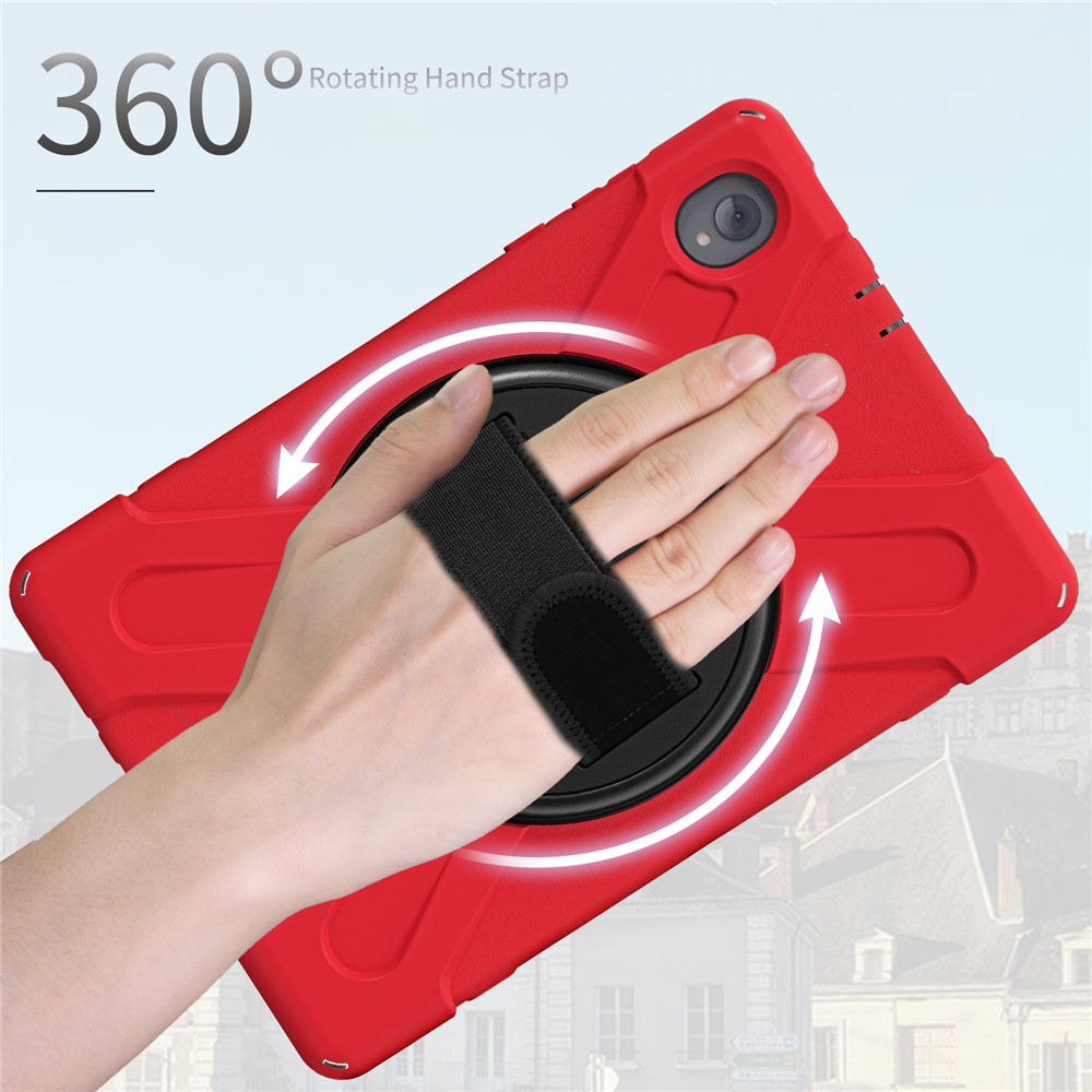 For Lenovo Tab K10/M10 Plus Shockproof 360-Degree Swivel Kickstand PC+Silicone Hybrid Case Tablet Cover Case with Hand Band + Shoulder Strap - Red-6