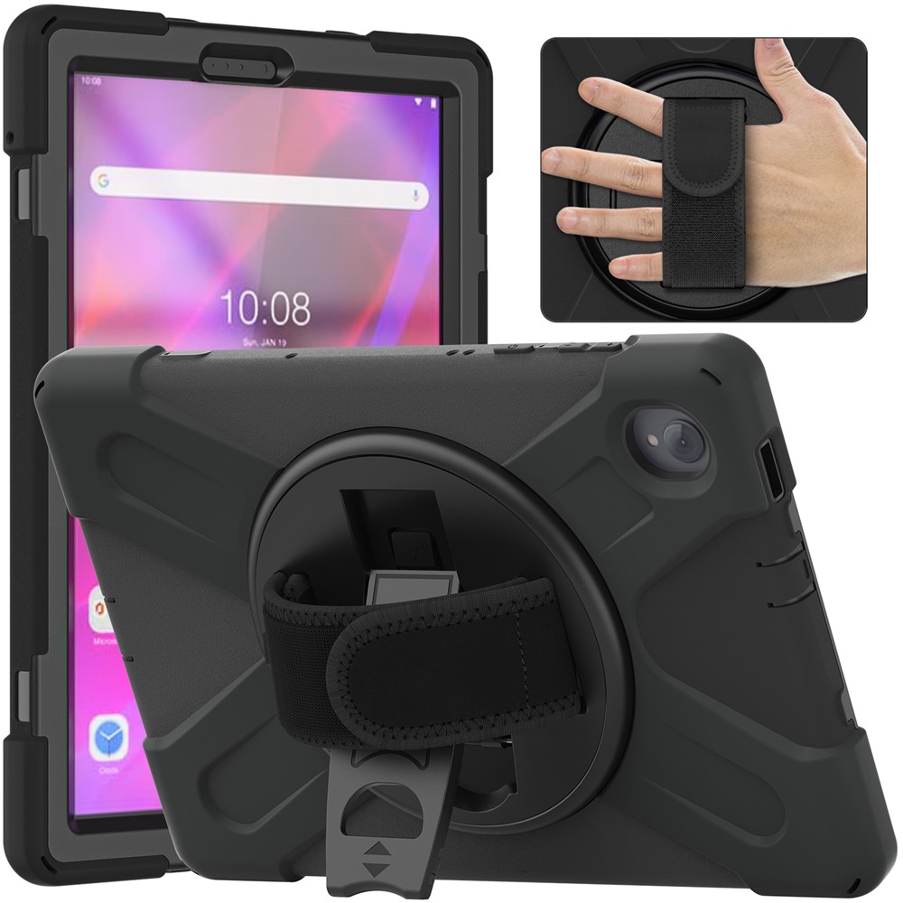 Para Lenovo Tab K10/M10 Plus 360 Graus Girando o Kickstand Anti-arranhão PC + Silicone Case Tampa Shell Com Faixa Manual - Preto