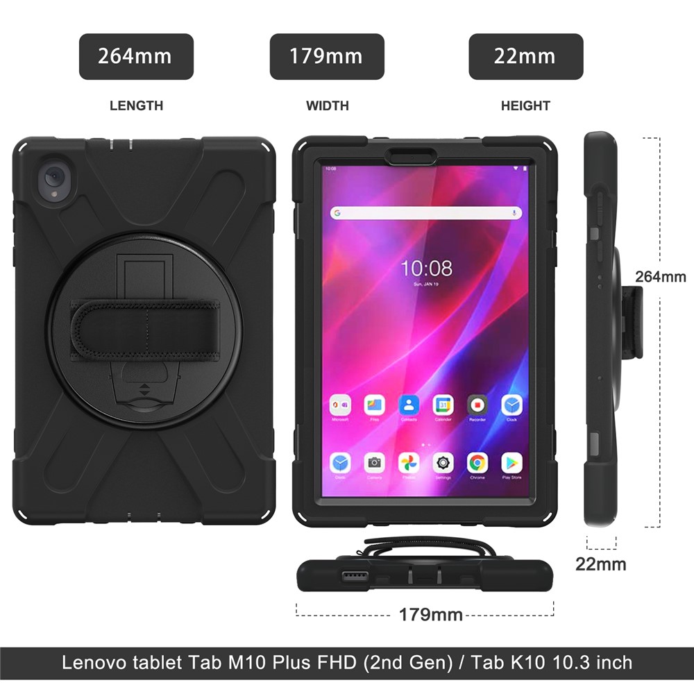 Para Lenovo Tab K10/M10 Plus 360 Graus Girando o Kickstand Anti-arranhão PC + Silicone Case Tampa Shell Com Faixa Manual - Preto