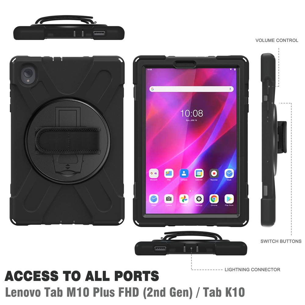 Para Lenovo Tab K10/M10 Plus 360 Graus Girando o Kickstand Anti-arranhão PC + Silicone Case Tampa Shell Com Faixa Manual - Preto